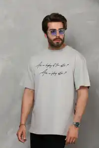Erkek Kısa Kol Yazlık Tişört Bisiklet Yaka Baskılı Oversize T-Shirt - Gri