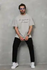 Erkek Kısa Kol Yazlık Tişört Bisiklet Yaka Baskılı Oversize T-Shirt - Gri