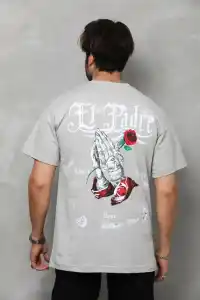 Erkek Kısa Kol Yazlık Tişört Bisiklet Yaka Baskılı Oversize T-Shirt - Gri
