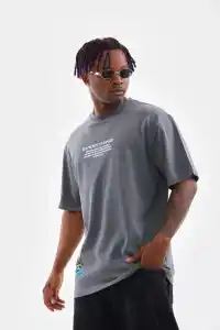Erkek Tişort  Bisiklet Yaka Baskılı Oversize T-Shirt - Gri