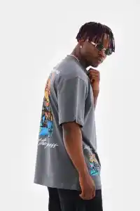 Erkek Tişort  Bisiklet Yaka Baskılı Oversize T-Shirt - Gri