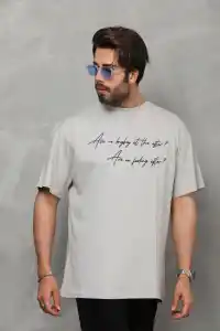 Erkek Kısa Kol Yazlık Tişört Bisiklet Yaka Baskılı Oversize T-Shirt - Gri