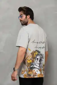 Erkek Kısa Kol Yazlık Tişört Bisiklet Yaka Baskılı Oversize T-Shirt - Gri