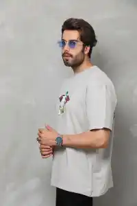 Erkek Baskılı T-Shirt Kısa Kol Bisiklet Yaka Regular Fit Rahat Kalıp Tişört -  Gri