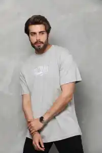 Erkek Kısa Kol Yazlık Tişört Bisiklet Yaka Baskılı Oversize T-Shirt - Gri