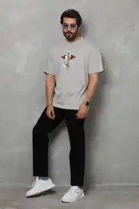 Erkek Baskılı T-Shirt Kısa Kol Bisiklet Yaka Regular Fit Rahat Kalıp Tişört -  Gri