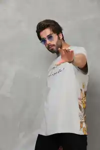 Erkek Kısa Kol Yazlık Tişört Bisiklet Yaka Baskılı Oversize T-Shirt - Gri
