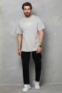 Erkek Kısa Kol Yazlık Tişört Bisiklet Yaka Baskılı Oversize T-Shirt - Gri