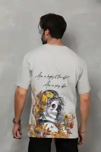 Erkek Kısa Kol Yazlık Tişört Bisiklet Yaka Baskılı Oversize T-Shirt - Gri