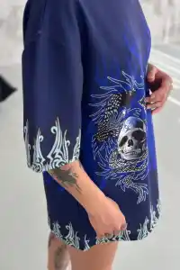 Unisex Bisiklet Yaka Baskılı Oversize T-Shirt - Lacivert