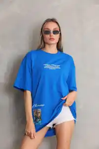 kadın Bisiklet Yaka Baskılı Oversize T-Shirt - Mavi