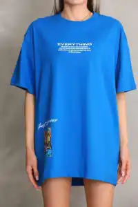 kadın Bisiklet Yaka Baskılı Oversize T-Shirt - Mavi