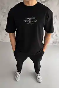 Erkek Kısa Kol Yazlık Tişört Bisiklet Yaka Baskılı Oversize T-Shirt - Siyah