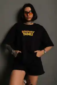kadın Bisiklet Yaka Baskılı Oversize  Kısa kol T-Shirt - Siyah