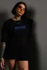 kadın Bisiklet Yaka Baskılı Oversize  Kısa kol T-Shirt - Siyah