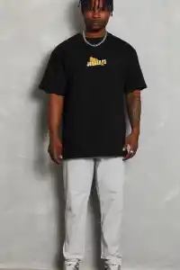 Erkek Kısa Kol Yazlık Tişört Bisiklet Yaka Baskılı Oversize T-Shirt - Siyah