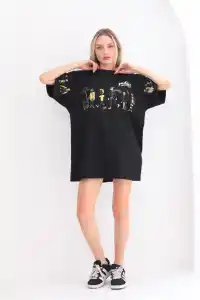 Kadın Kısa Kol Yazlık Tişört Bisiklet Yaka Baskılı Oversize T-Shirt - Siyah