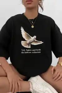 Kadın Kısa Kol Yazlık Tişört Bisiklet Yaka Güvercin Baskılı T-Shirt - Siyah