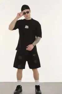 Erkek Kısa Kol Yazlık Tişört Bisiklet Yaka Baskılı Oversize T-Shirt - Siyah