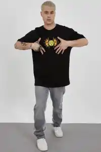 Erkek Kısa Kol Yazlık Tişört Bisiklet Yaka Baskılı Oversize T-Shirt - Siyah