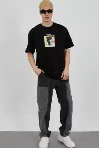 Erkek Kısa Kol Yazlık Tişört Bisiklet Yaka Baskılı Oversize T-Shirt - Siyah