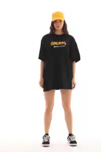 Kadın Kısa Kol Yazlık Tişört Bisiklet Yaka Baskılı Oversize T-Shirt - Siyah