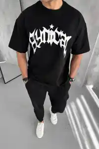 Erkek Tişört Bisiklet Yaka Baskılı Oversize Kısa kol T-Shirt - Siyah