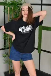Kadın Bisiklet Yaka Baskılı  Kısa kol Oversize T-Shirt - Siyah
