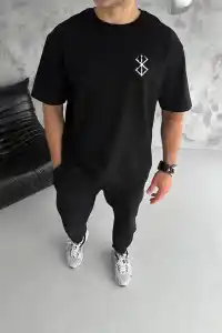 Erkek Kısa Kol Yazlık Tişört Bisiklet Yaka Baskılı Oversize T-Shirt - Siyah