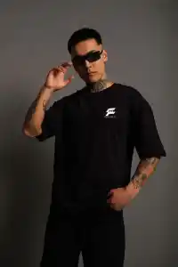 Erkek Kısa Kol Yazlık Tişört Bisiklet Yaka Baskılı Oversize T-Shirt - Siyah