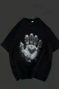Kadın Baskılı T-Shirt Kısa Kol Bisiklet Yaka Regular Fit Rahat Kalıp Günlük Tişört  - Siyah