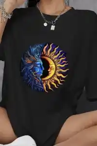 Kadın Baskılı T-Shirt Kısa Kol Bisiklet Yaka Oversize Rahat Kalıp Günlük Tişört   - Siyah
