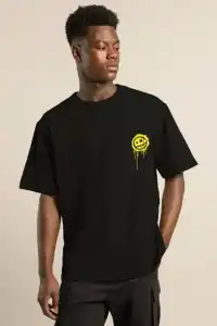 Erkek Kısa Kol Yazlık Tişört Bisiklet Yaka Baskılı Oversize T-Shirt - Siyah