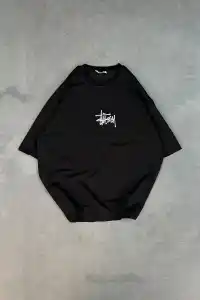 kadın Bisiklet Yaka Baskılı Oversize  Kısa kol T-Shirt - Siyah