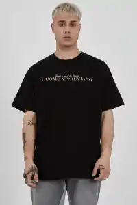 ERKEK Bisiklet Yaka Tişort Baskılı Oversize kısa kol T-Shirt - Siyah