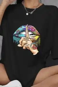 Kadın Baskılı T-Shirt Kısa Kol Bisiklet Yaka Oversize Rahat Kalıp Günlük Tişört   - Siyah