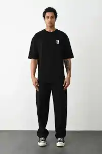 Erkek Kısa Kol Yazlık Tişört Bisiklet Yaka Baskılı Oversize T-Shirt - Siyah