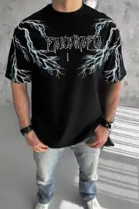ERKEK Bisiklet Yaka Yıldırım Baskılı  Kısa kol T-Shirt-Siyah