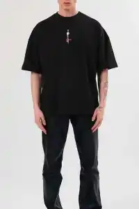 Erkek Baskılı T-Shirt Kısa Kol Bisiklet Yaka Regular Fit Rahat Kalıp Günlük Tişört - Siyah