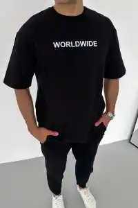 Erkek Baskılı T-Shirt Kısa Kol Bisiklet Yaka Regular Fit Rahat Kalıp Günlük Tişört - Siyah
