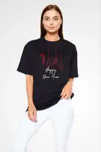 kadın Bisiklet Yaka  Kısa kol Baskılı Oversize T-Shirt - Siyah