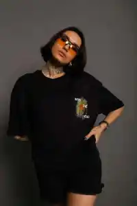 kadın Bisiklet Yaka Baskılı Oversize Kısa kol T-Shirt - Siyah