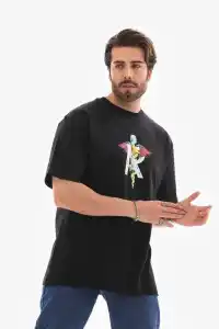 Erkek Baskılı T-Shirt Kısa Kol Bisiklet Yaka Regular Fit Rahat Kalıp Tişört -  Siyah
