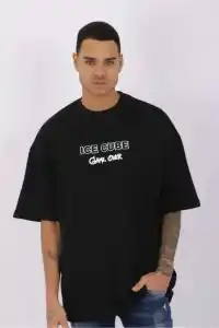 Erkek Kısa Kol Yazlık Tişört Bisiklet Yaka Baskılı Oversize T-Shirt - Siyah