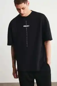Erkek Kısa Kol Yazlık Tişört Bisiklet Yaka Baskılı Oversize T-Shirt - Siyah