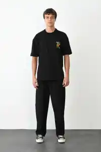 Erkek Kısa Kol Yazlık Tişört Bisiklet Yaka Baskılı Oversize T-Shirt - Siyah