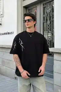 Erkek Kısa Kol Tişört Bisiklet Yaka Yıldırım Baskılı Oversize T-Shirt - Siyah
