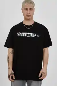 Erkek Kısa Kol Yazlık Tişört Bisiklet Yaka Baskılı Oversize T-Shirt - Siyah