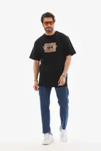 Erkek Baskılı T-Shirt Kısa Kol Bisiklet Yaka Regular Fit Rahat Kalıp Tişört -  Siyah