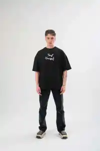 Erkek Kısa Kol Yazlık Tişört Bisiklet Yaka Baskılı Oversize T-Shirt - Siyah